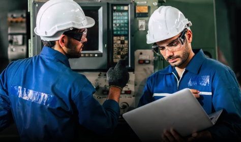 Industrial engineers monitoring smart manufacturing systems using real-time data visualizations on a laptop