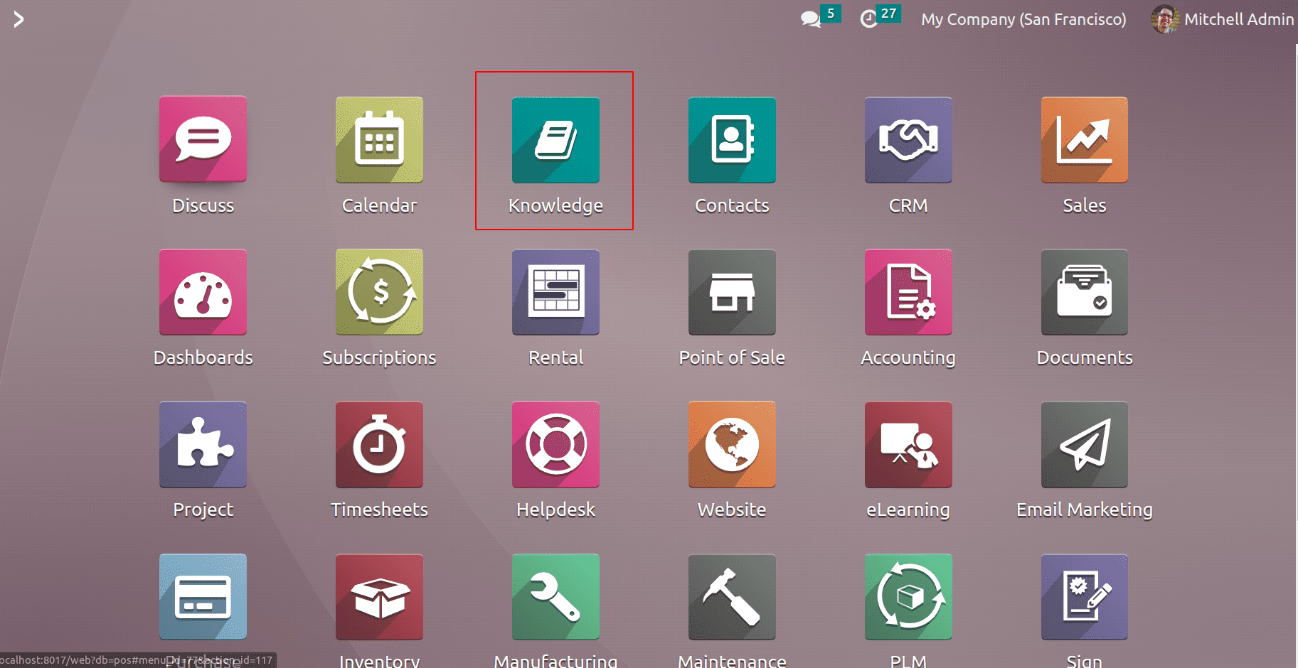 Odoo dashboard used by Bangunan Kairos to manage payroll, inventory, sales, fleet, and employee operations across its building materials distribution network.