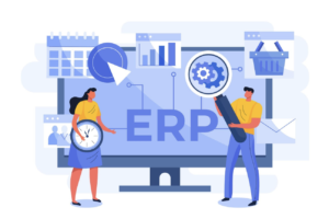 Business team analysing ERP dashboard illustration.