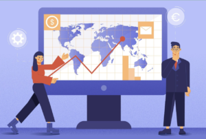 Business team analysing real-time ERP growth trends and global data on a unified analytics dashboard.