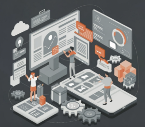 Ilustrasi tiga orang yang berkolaborasi dengan perangkat digital berukuran besar.