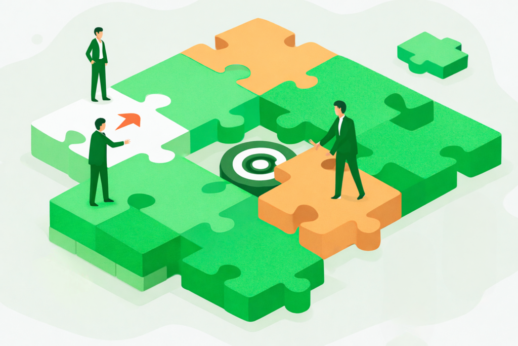 Business professionals assembling puzzle pieces around a target, representing step-by-step ERP integration and teamwork.