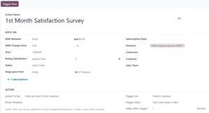 Odoo interface showing an automation rule for a 1st month satisfaction survey with timed triggers and email actions.