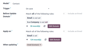 Screenshot of Odoo automation rule components including Model selection and domain filtering rules.