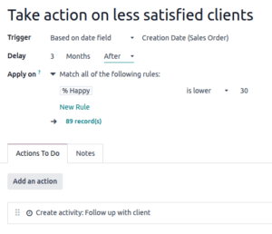 Screenshot of Odoo automation rule settings showing a 3-month delay trigger for less satisfied clients with a follow-up activity action.