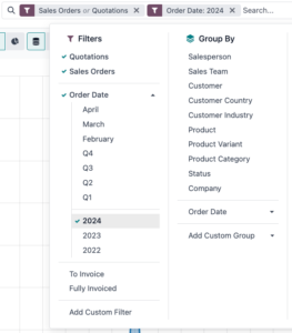 Odoo search view drop-down menu showing active filters quotations, Sales Orders, and Order Date.