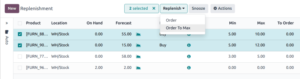 Odoo replenishment dashboard showing selected products with min and max stock levels and the 'Order To Max' action menu.