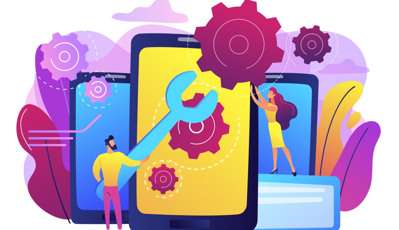 Service technicians with big wrench repairing smartphone screen with gears. Smartphone repair, cell phone service, same day repair concept. Bright vibrant violet vector isolated illustration
