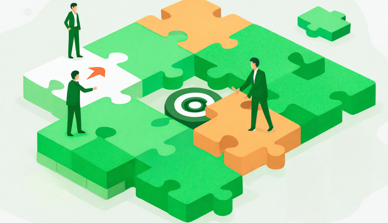 Business professionals assembling puzzle pieces around a target, representing step-by-step ERP integration and teamwork.