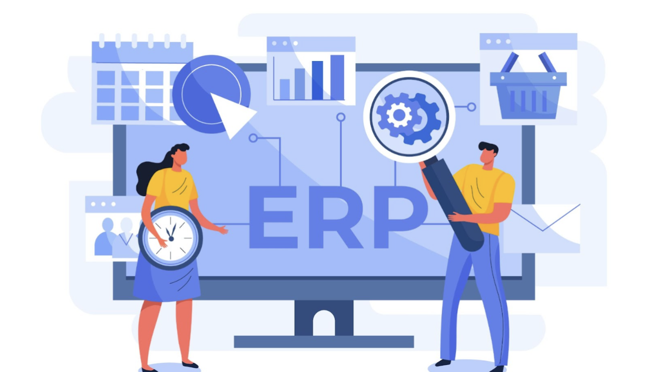 Business team analysing ERP dashboard illustration.