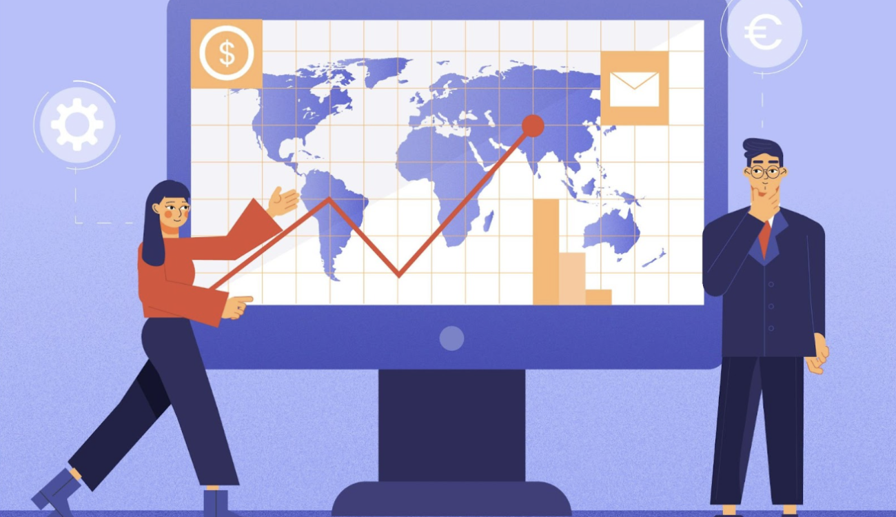Business team analysing real-time ERP growth trends and global data on a unified analytics dashboard.